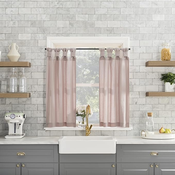 Archaeo Washed Cotton Small Window Twist Tab Cafe Curtains, 52" x 45", Rose Quartz