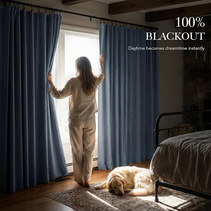 RYB HOME Smoky Blue 100% Blackout Linen Curtains 72 inch Long, Thermal Insulated & Privacy Assurd Drapes for Bedroom/Office/Nursery, Rod Pocket & Back Tab Window Treatment, W52 X L72, 2 Panels