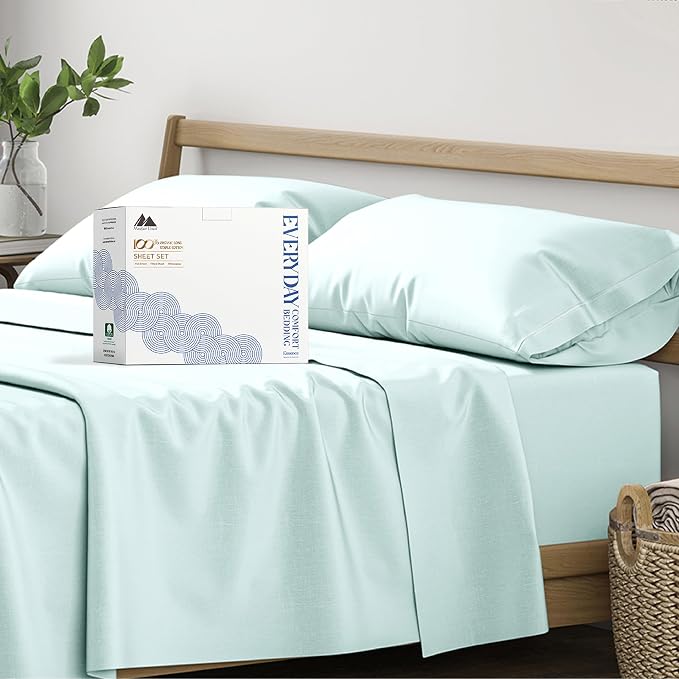 Mayfair Linen 100% Organic Cotton Sheets King Size - 4 PC Organic Cotton King Percale Weave Sheet Set, Soft, Cooling, Crisp & Breathable, 16" Deep Pocket Hotel Quality Bedding Set - Sea Foam