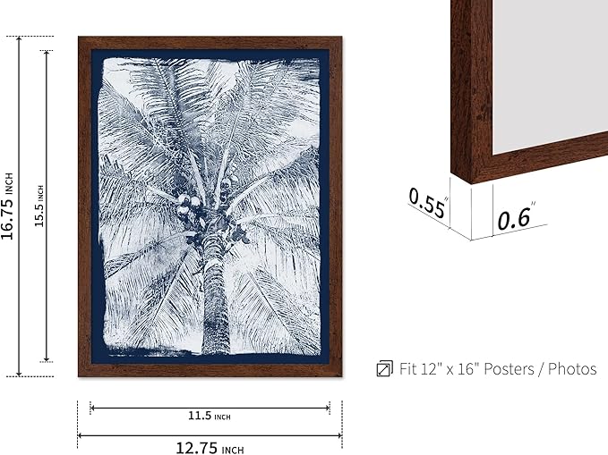 Monem Art Coastal Palm Tree Cyanotype Print - Blue and White Tropical Botanical Art Poster - Wall Decor for Beach House, Bedroom or Living Room - 12x16 Brown Framed Wall Art by Renee Stramel