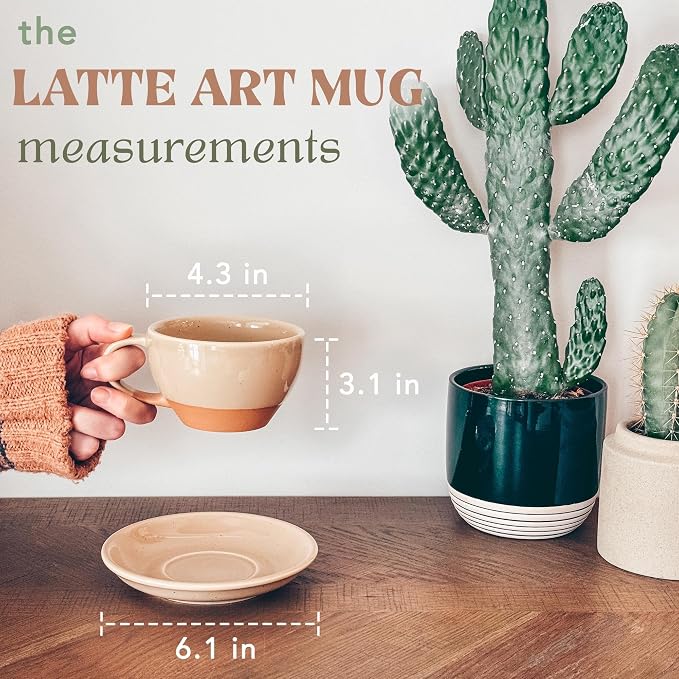 MORA Ceramic Latte Art Mug With Saucer - 10.5 oz, Round Bottom For Perfect Pours - Cafe Cups for Cappuccino, Espresso, Coffee, Tea etc - Porcelain Set for Baristas, Great Gift - Chai Latte