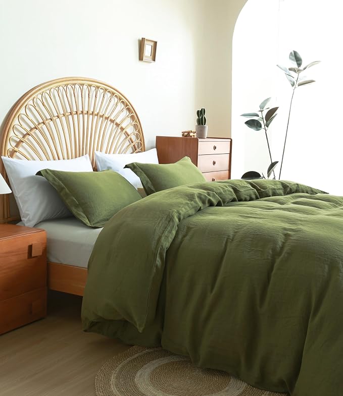 100% French Flax Linen Duvet Cover Set, Full Size 78''x86'' 3 Pcs with 4 Corner Ties and Button Closure, Soft and Breathable for All Season(Olive Green, Full)