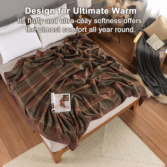 YOUR MOON 100% Pure Merino Wool Blanket King Size, Natural Australian Wool Blankets, Hypoallergenic Wool Blanket for Bed, Medium Weight(Plaid Brown, 90 * 108)