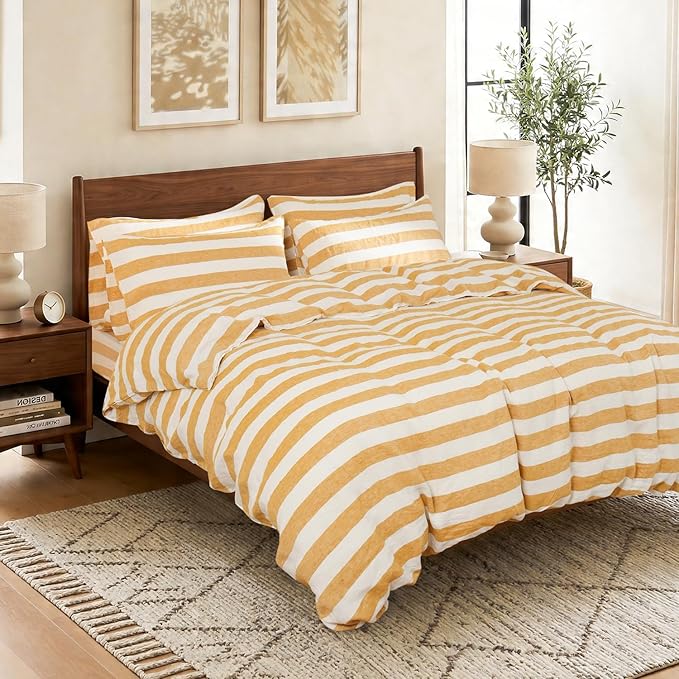 S VICTORY SYMBOL 100% Organic Linen Duvet Cover Set,Yellow Stripe Yarn Dyed Pattern Farmhouse Bedding Set,French Natural Flax Comforter Cover Set Full Size 3Pcs