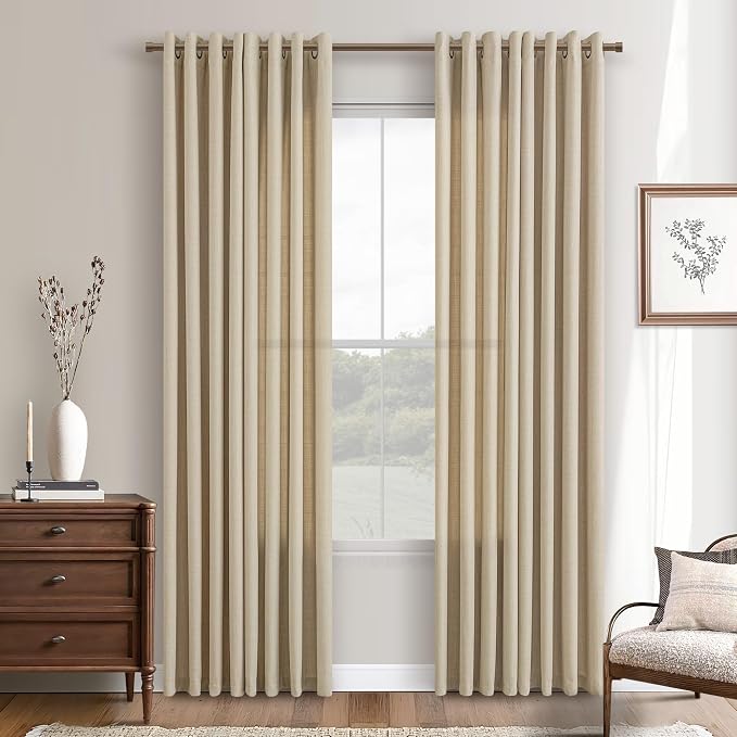 Sand Beige Linen Curtains 84 Inch Length 2 Panels for Living Room Bedroom Grommet Burlap Flax Drape Semi Sheer Light Filtering Privacy Neutral Rustic Farmhouse Window Curtain 84 Inches Long Oatmeal