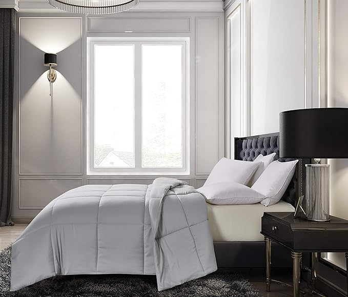 Blue Ridge Home Fashions Microfiber Light Weight Solid Down Alternative All Season Comforter - Hypoallergenic Polyester Fill, Full-Queen, Platinum