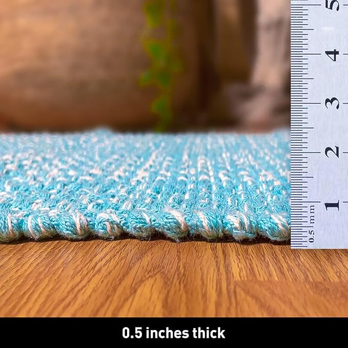 Chardin home Cotton Washable Rug Turquoise and White | 21x34 Bathroom Kitchen entryway | Reversible Handwoven Rug Machine Washable.