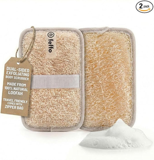 Natural Loofah Sponge for Body Scrub, Exfoliating Body Scrubber & Loofah with Handle, Exfoliating Pads, Loofah for Women, Men & Kids (2 Count - 1 Pack, Rectangular)