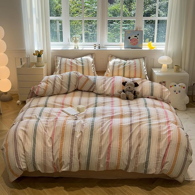 mixinni Vintage Striped Duvet Cover Set Queen, 3-Piece 100% Washed Cotton Bedding Set - Soft & Breathable Colorful Comforter Cover with Zipper, All-Season Lightweight Bed Set for Cozy Home