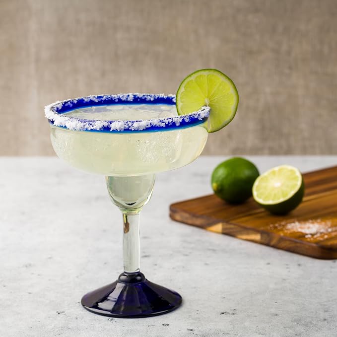 10 Strawberry Street Cobalt Rim Margarita Handblown Mexican Glass, Set of 6
