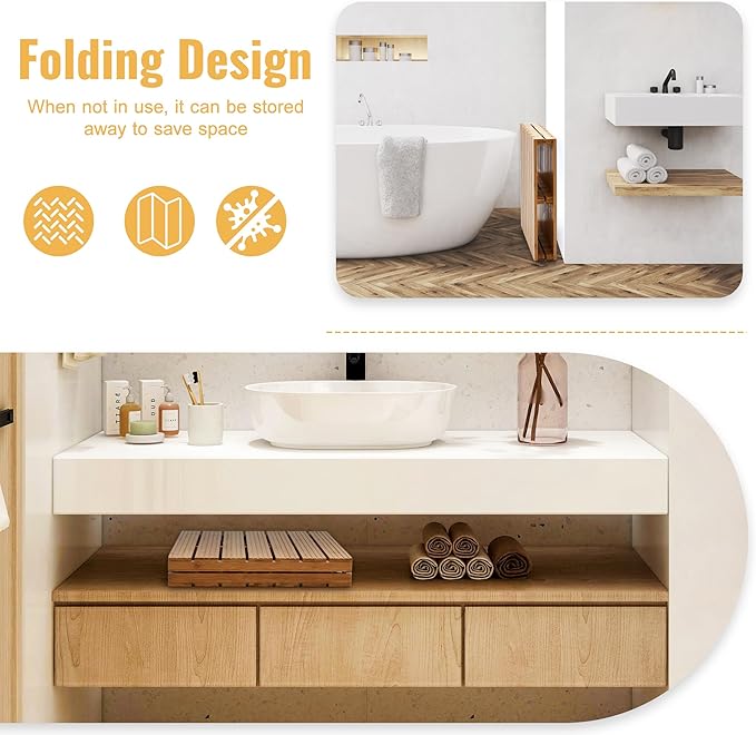 Foldable Bamboo Bath Mat for Shower, 31.49" x 17.71" in Non-Slip Wood Bathroom Rug, Quick-Dry Waterproof Carpet for Indoor Outdoor Use by Sink, Tub, Pool