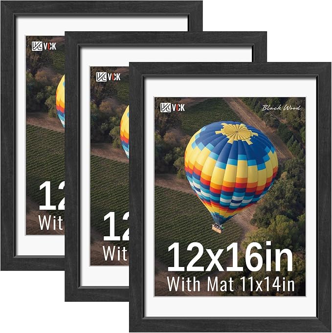 VCK 12x16 Picture Frames Black 3 Pack, Wide Border Solid Wood, Tempered Glass, Display 11x14 Photo with Mat or 12 x 16 without, for Home, Office, Gallery, Woodgrain Series, Wall Hanging