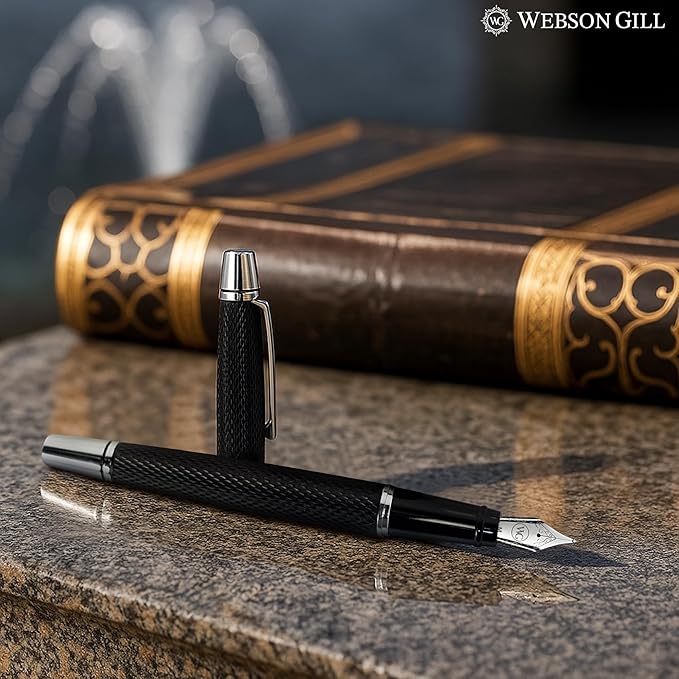 'Show Up' Black Luxury Executive Fountain Pen, Woven Polished Lacquer, Chrome Accents, Stainless Steel Nib, Easy Refill Ink Piston Converter, Smudge Free No Bleed, Fits Instant Insert Ink Cartridges