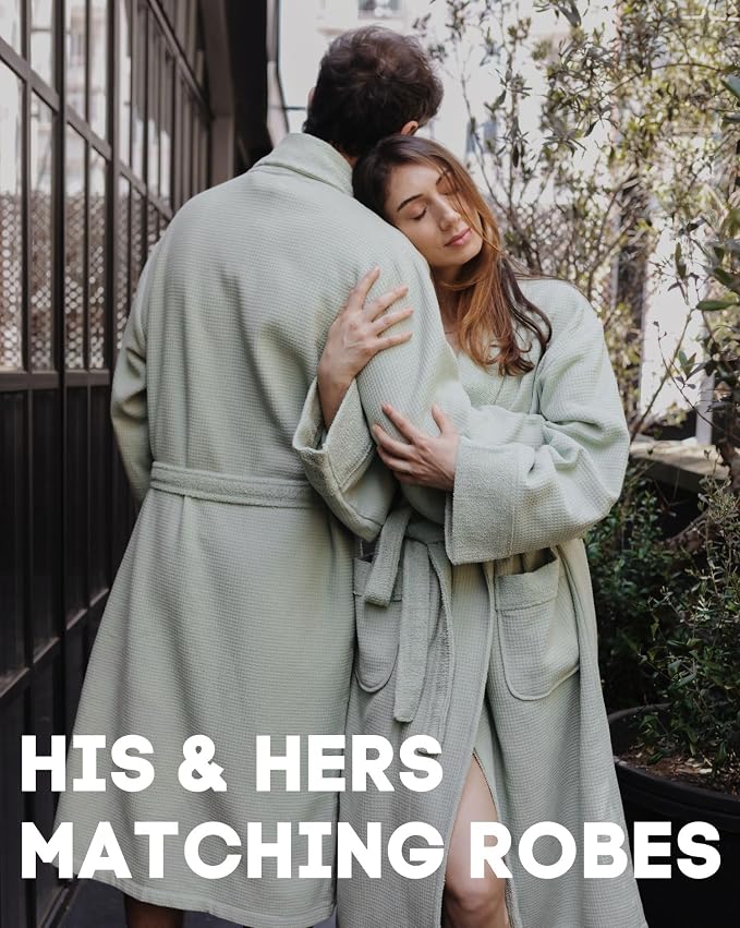 sea me at home Turkish Cotton Waffle Bathrobe, Luxury Spa Hotel Shawl Collar Robe for Women & Men, Plush Terry Inside