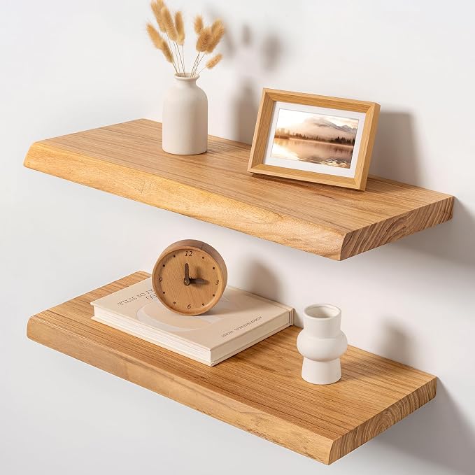 24" Live Edge Floating Shelves, Solid Elm Wood Wall Shelf Set of 2 | 1.4" Extra Thick, 9.3" Deep Heavy Duty Storage, Artisan Natural Finish, Ideal for Kitchen, Coffee Bar & Living Room