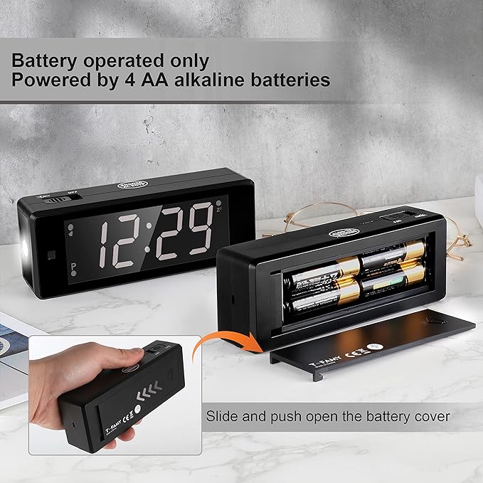 Digital Alarm Clock Battery Operated Night Visiable with Upgraded LED/LCD Time Display, Flashlight,Small Travel Clock for Bedroom Bedside (White Display)