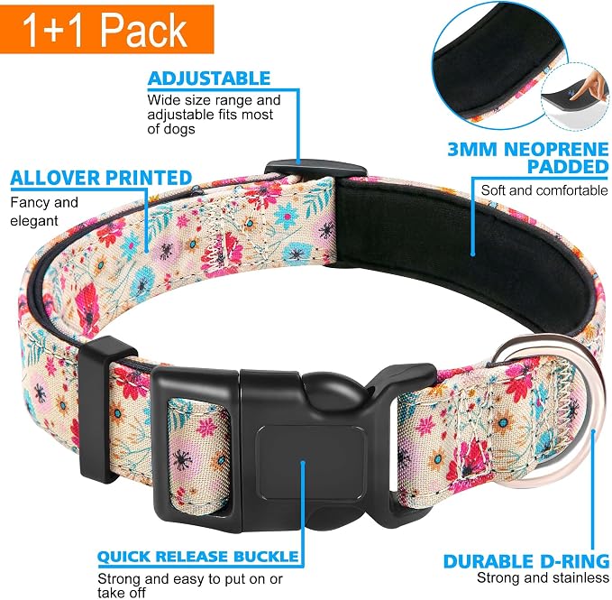 Ladoogo Reflective Dog Collar Padded with Soft Neoprene Breathable Adjustable Nylon Dog Collars for Small Medium Large Dogs (X-Small (Pack of 1), Vanila/Pink Floral Collar+Leash)