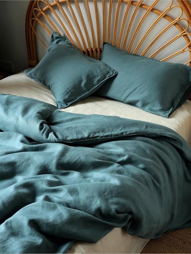 XZ XIFA Blue Linen Duvet Cover Queen, 100% Washed French Flax Linen Bedding with Zipper Closure, Cooling for Hot Sleepers, Textured Bed Sets - 1 Duvet Cover and 2 Pillowcases