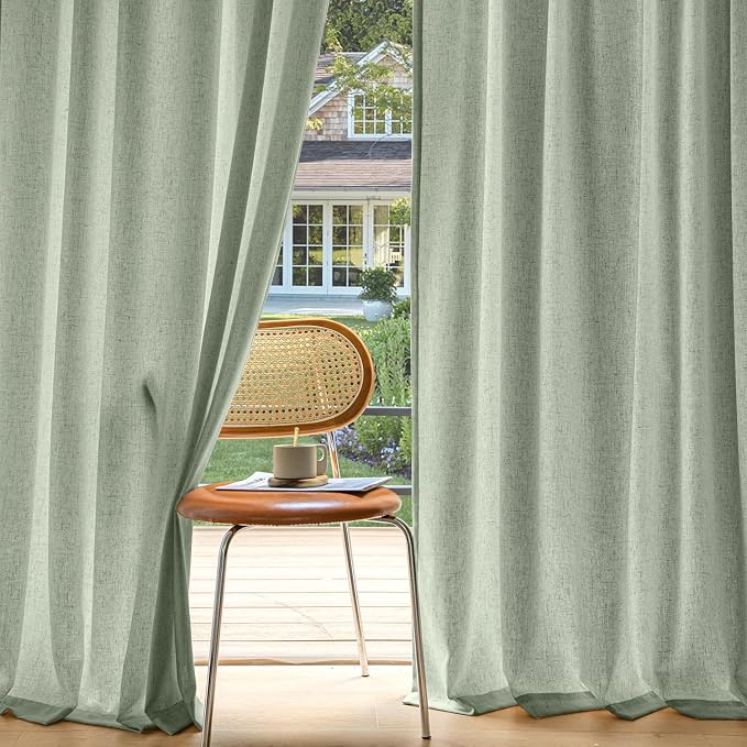 MIULEE Non-See-Through Privacy Linen Curtains 2 Panels, Light Filtering Window Curtains Farnhouse Textured Back Tab Semi Sheer Drapes for Bedroom Living Room, 52 x 63 Inches Long, Sage Green