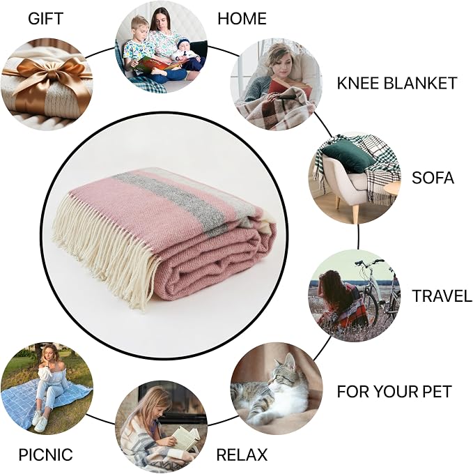 New Zealand Virgin Wool Throw Blanket, Indoor & Outdoor Blankets and Throws, Striped Soft Blanket with Fringes, 55 x 79 in (140 x 200 cm), Pink, Gray, & White
