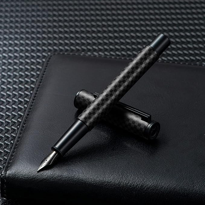 HONG DIAN Fountain Pen Black Fine Nib Carbon Fiber Forest Pro Series, Modern Design Consistent Writing Pen with Ink Refill Converter and Metal Pen Case Set