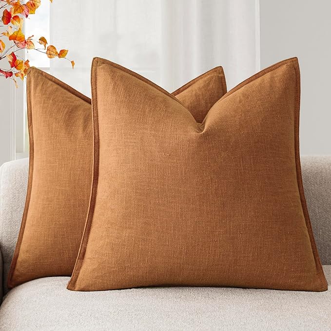 Foindtower Set of 2, Decorative Linen Soild Throw Pillow Covers Soft Accent Euro Cushion Case Boho Farmhouse Pillowcase for Chair Couch Sofa Bedroom Living Room Home Decor 16 x 16 Inch Autumn Orange