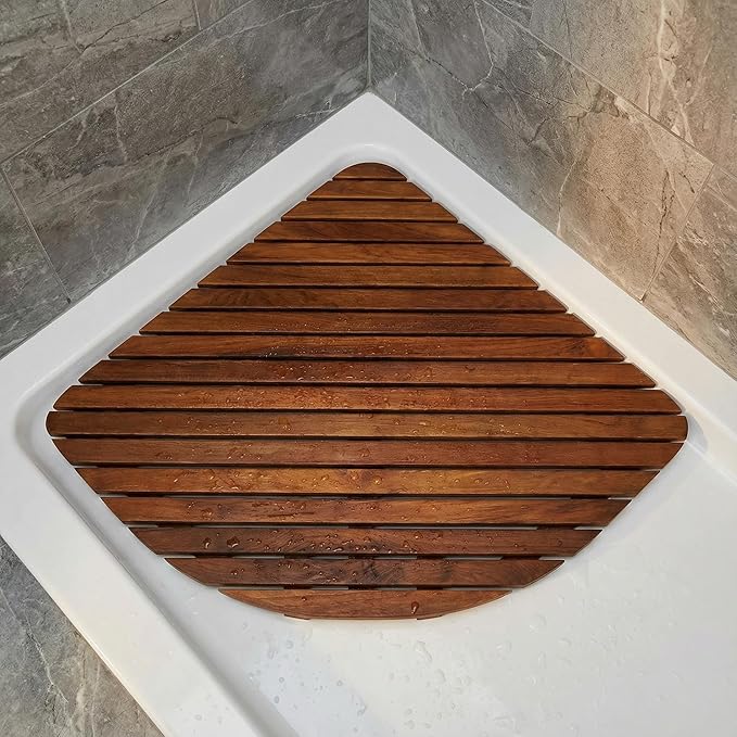 Bare Decor Dania Corner Shower Spa Mat, 24 by 24-Inch, Solid Teak Wood and Oiled Finish