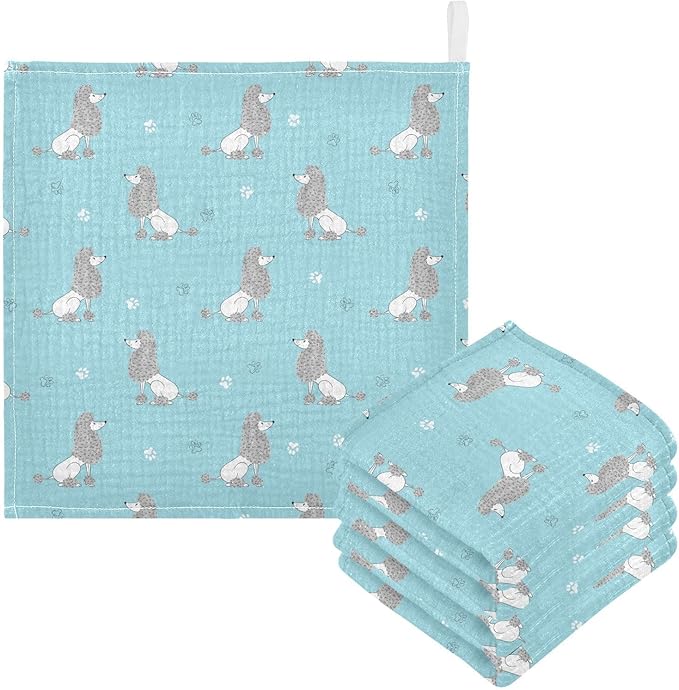 Baby Cute Poodles Dog Muslin Washcloths 3 Pack - Muslin Burp Cloths Hanky Large 11.8"X11.8" Extra Soft Absorbent Baby Burp Rags for Newborn 100% Cotton for Boys Girls Gift