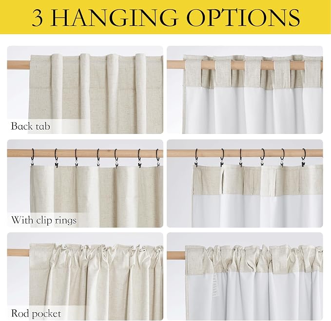 NICETOWN Natural Full Blackout Back Tab Linen Curtains 84" Long 2 Panels, Boho-Chic Thick Linen Blend Drapes for Bedroom, Thermal Insulated Window Covers with White Backing for Cafe Bar (42" Wide)