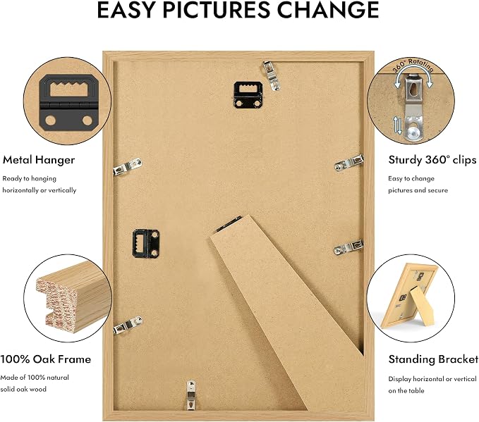 Hongkee 10x14 Oak Wood Picture Frame 1 Pack(Matted 8x12), Real Glass Cover | Natural, 10 x 14 Solid Wood Frame for Wall or Tabletop Display - Includes Easel Back, Vertical Hang - Ideal for Home, Office