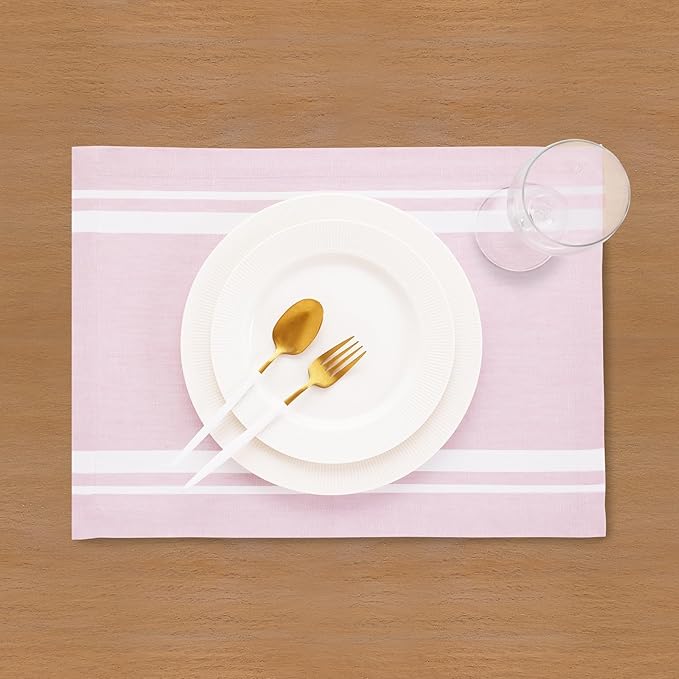 Solino Home Linen Placemats Set of 4 - French Stripe White and Dusty Pink Placemats 14 x 19 Inch - 100% Pure Linen Table Mats for Summer