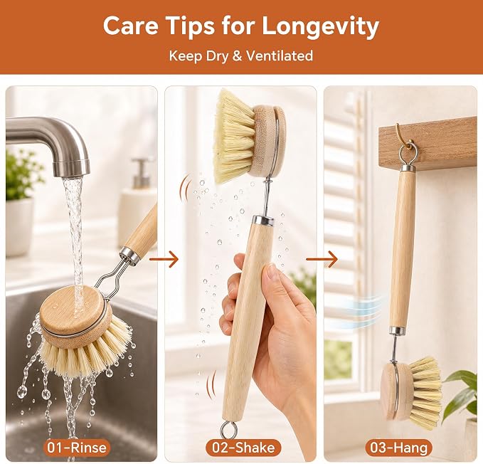 DEBETOOL Bamboo Dish Brush with Handle & 4 Replacement Heads - Natural Wooden Dish Scrubber with Sisal and Palm Fiber, Plastic Free Bamboo Brush for Dishes, Pots, Pans