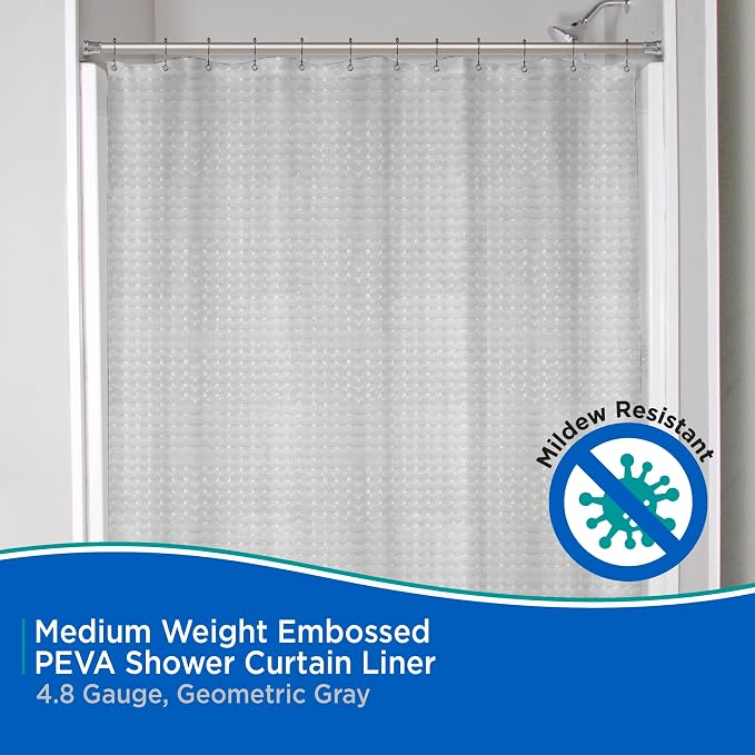 Kenney KN61150 Medium Weight 5 Gauge Embossed Waterproof PEVA Shower Curtain Liner with Rust-Resistant Metal Grommets for Bathroom, 70" W x 72" H, Gray