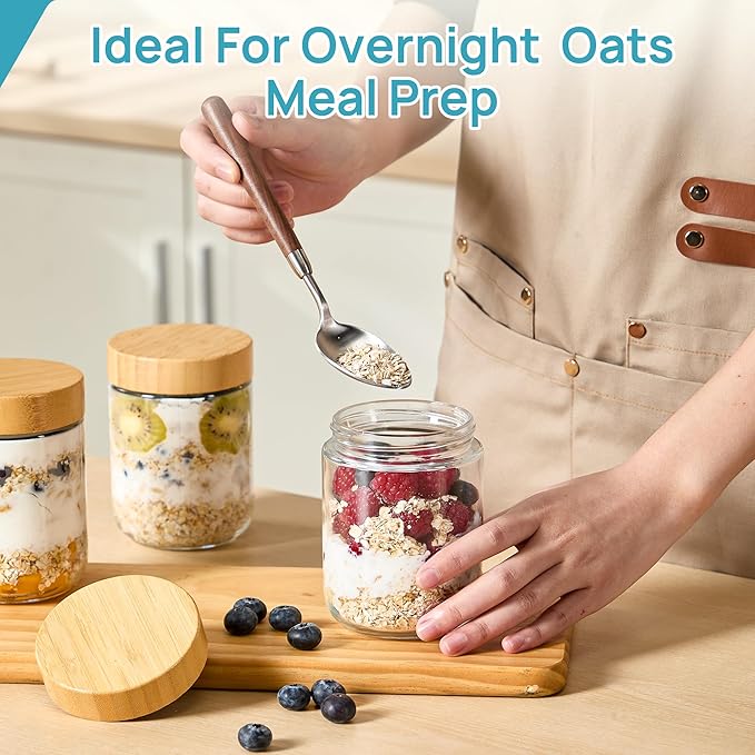 Vtopmart 12 Pack 16oz Glass Overnight Oats Containers with Bamboo Lids, Portable Wide Mouth Glass Jars Leak Proof, Reusable Glass Food Storage Containers for Yogurt Chia Pudding Salad Pickling Snacks