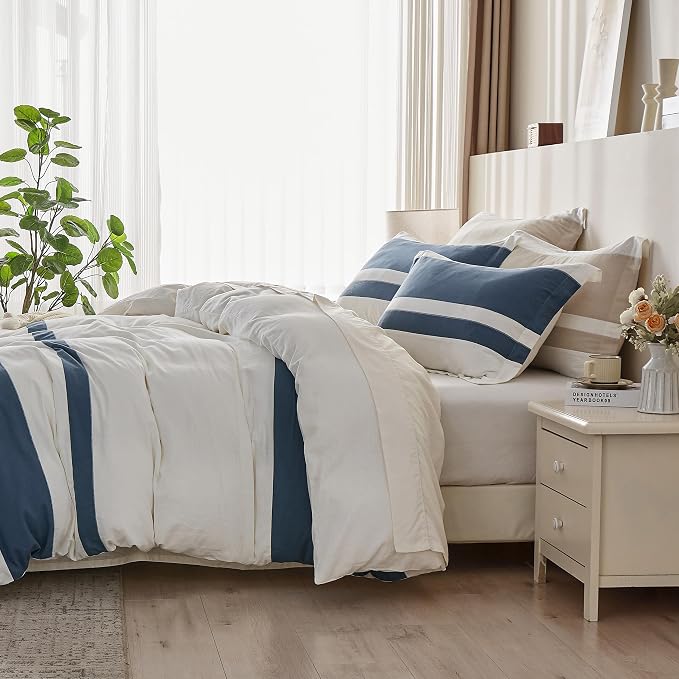 Simple&Opulence French Linen Duvet Cover Set with Stripe 104”x92”, 3 Pieces(1 Comforter Cover and 2 Pillow Shams) Rustic Natural Flax Cotton Blend(King,White and Navy)