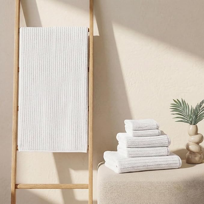 BIOWEAVES 100% Organic Cotton 6-Piece Luxury Bathroom Ribbed Towel Set GOTS Certified 700 GSM, 2 Bath Towel, 2 Hand Towel & 2 Wash Cloths - White
