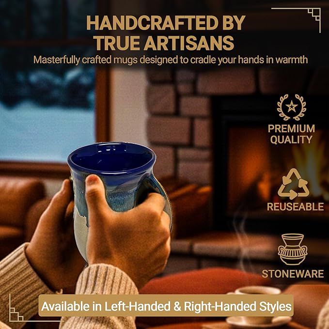 Clay in Motion Hand Warmer Coffee Mug – Handmade Coffee Mug With Comfortable Handle Contoured Pocket Hand Warming Ceramic Coffee Mug – Proudly Made in USA – Right Handed – 14 Oz - Cobalt Canyon
