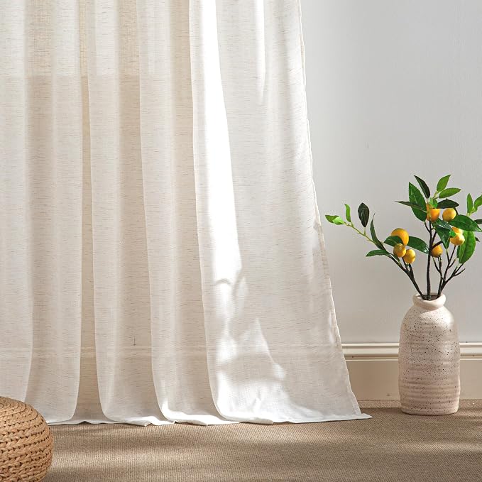 RYB HOME Ivory Sheer Curtains for Living Room, Linen Blend Filter Sunlight Glare Vertical Luxury for Bedroom Dining Office Window, Rod Pocket & Back Tab, W52 x L90, 2 Panels