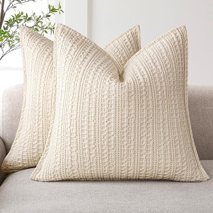 Foindtower Set of 2 Decorative Cotton Waffle Weave Throw Pillow Covers Euro Shams Cushion Covers Accent European Pillowcase for Bed Couch Sofa Bedroom Living Room Home Decor 24×24 Inch Natural Beige