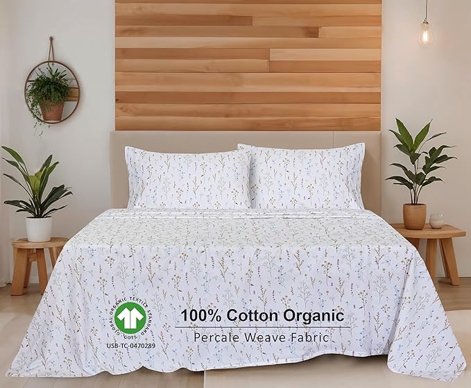 RUVANTI 100% Cotton Organic Percale Sheets Full Size – Crisp Cooling Bed Sheets for Hot Sleepers, Deep Pocket 15”, Soft Peach Finish, Breathable & Durable Hotel-Style 4 Pcs, Field Flower