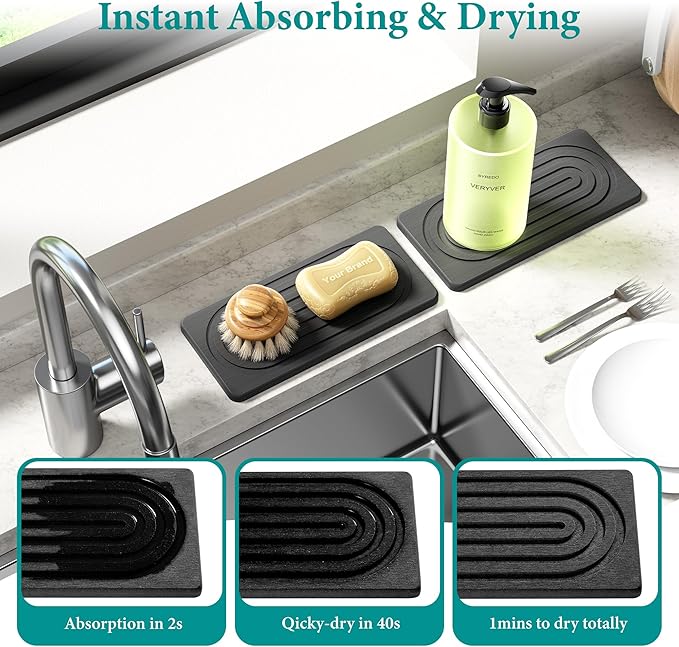 Water Absorbing Stone Tray, Quick Drying Diatomite Bathroom Tray Countertop, Stone Drying Mat for Kitchen Counter, Soap Dish Dispenser Vanity Organizer, Dark Grey-A-12.2" x 4"