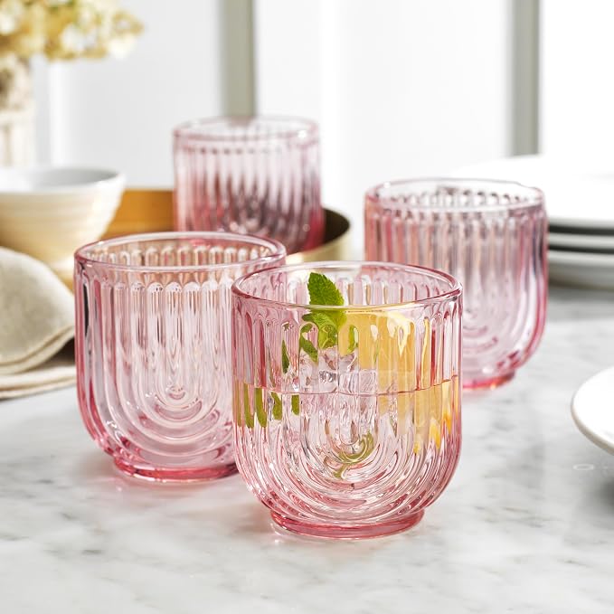 Glaver's Vintage Glassware Art Deco Glasse Ribbed Drinking Glasses U-Shape Arch Design Colored Cocktail Kitchen Tumblers Everyday Dinner Decorative Party HandWash Only (Pink S/4 11oz)