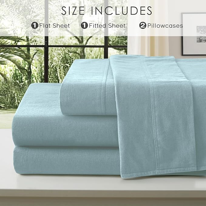 4Pcs Organic Linen Sheets Full Size, 100% French Linen from Normandy, Breathable Sky Blue Bed Sheets Full Sheet Set with 16 Inch Deep Pocket, 1 Flat Sheet, 1 Fitted Sheet, 2 Pillowcases