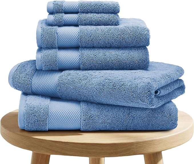 BIOWEAVES 100% Organic Cotton 700 GSM Plush 6-Piece Towel Set GOTS Certified, 2 Bath Towels, 2 Hand Towels & 2 Washcloths - Cerulean Blue