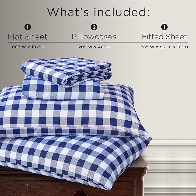 Briarwood Home Printed Flannel Sheet Set, 100% Natural Cotton, Soft, Warm & Deep Pocket, Advanced Nano-Tech Resistance to Pilling, Brushed 6 Times for Softness, Buffalo Navy Blue, King, 4 Piece