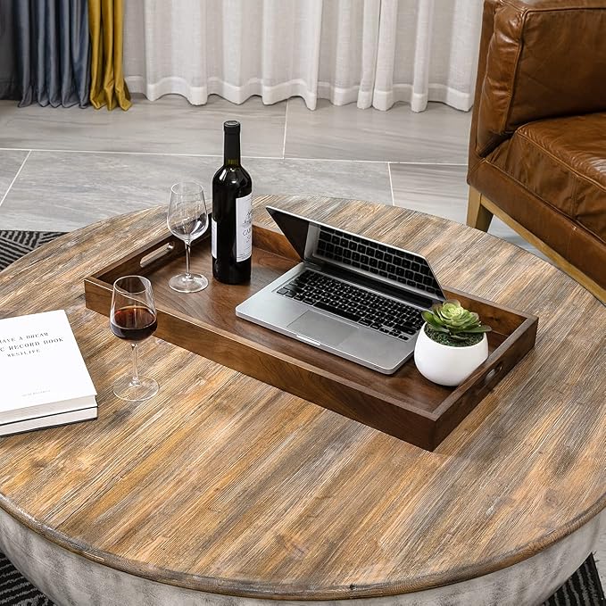 28 x 15 inches Extra Large Wood Trays for Ottoman with Handles FSC Natural Handmade Black Walnut Serving Tray Vintage Decorative Platters for Oversized Ottoman Kitchen