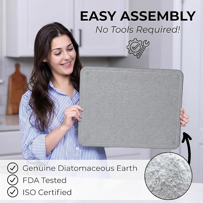 LARGE MATMOSPHERE Stone Dish Drying Mat for Kitchen Counter – Fast Absorbing Diatomaceous Mat with Stainless Steel Legs, Quick Dry, Dish Rack Mat, USA Small Business, 18”x14”, Light Gray