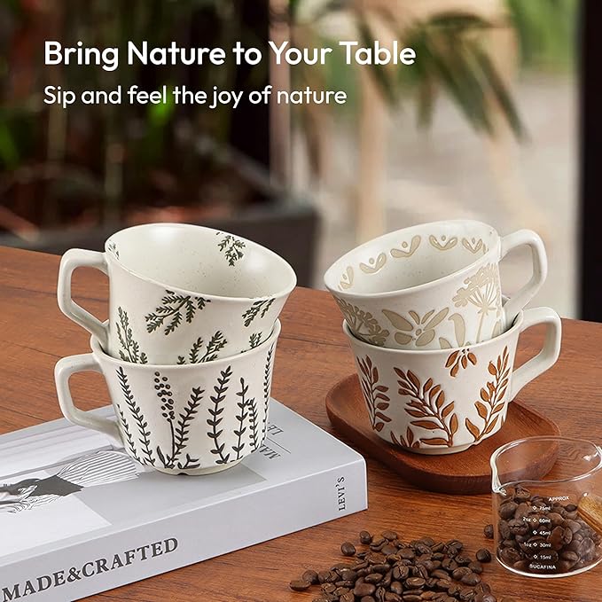 Ceramic Coffee Mug, 11 oz Small Novelty Unique Teacup with Handle, Stoneware Cup for Tea Mocha Latte Cappuccino (Set of 2, Ivy and Leaf)