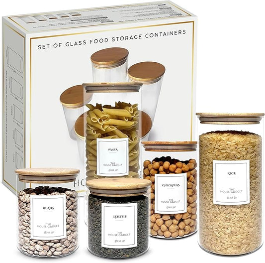 5 Food Storage Containers with Lids - Ideal Set of Glass Storage Containers for Pantry Organizers and storage - Glass Food Storage Containers with Bamboo Lids