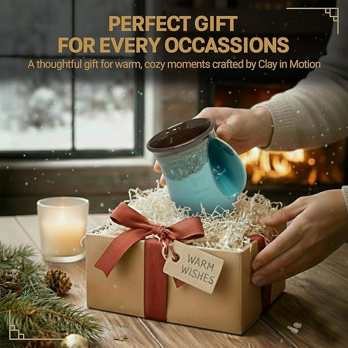 Clay in Motion Hand Warmer Coffee Mug – Handmade Coffee Mug With Comfortable Handle Contoured Pocket Hand Warming Ceramic Coffee Mug – Proudly Made in USA – Right Handed – 14 Oz - Ocean Tide
